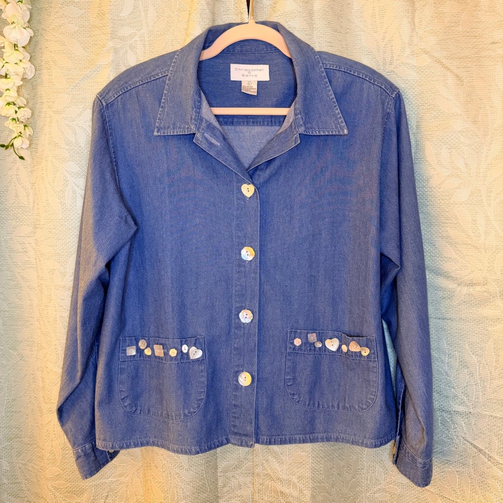 VTG Christopher & Banks Denim Jacket Mother of Pearl Novelty Button Front Granny